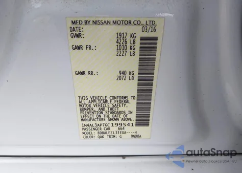 2016 Nissan Altima 2.5 S z USA, uszkodzony, nr VIN 1N4AL3AP7GC199541